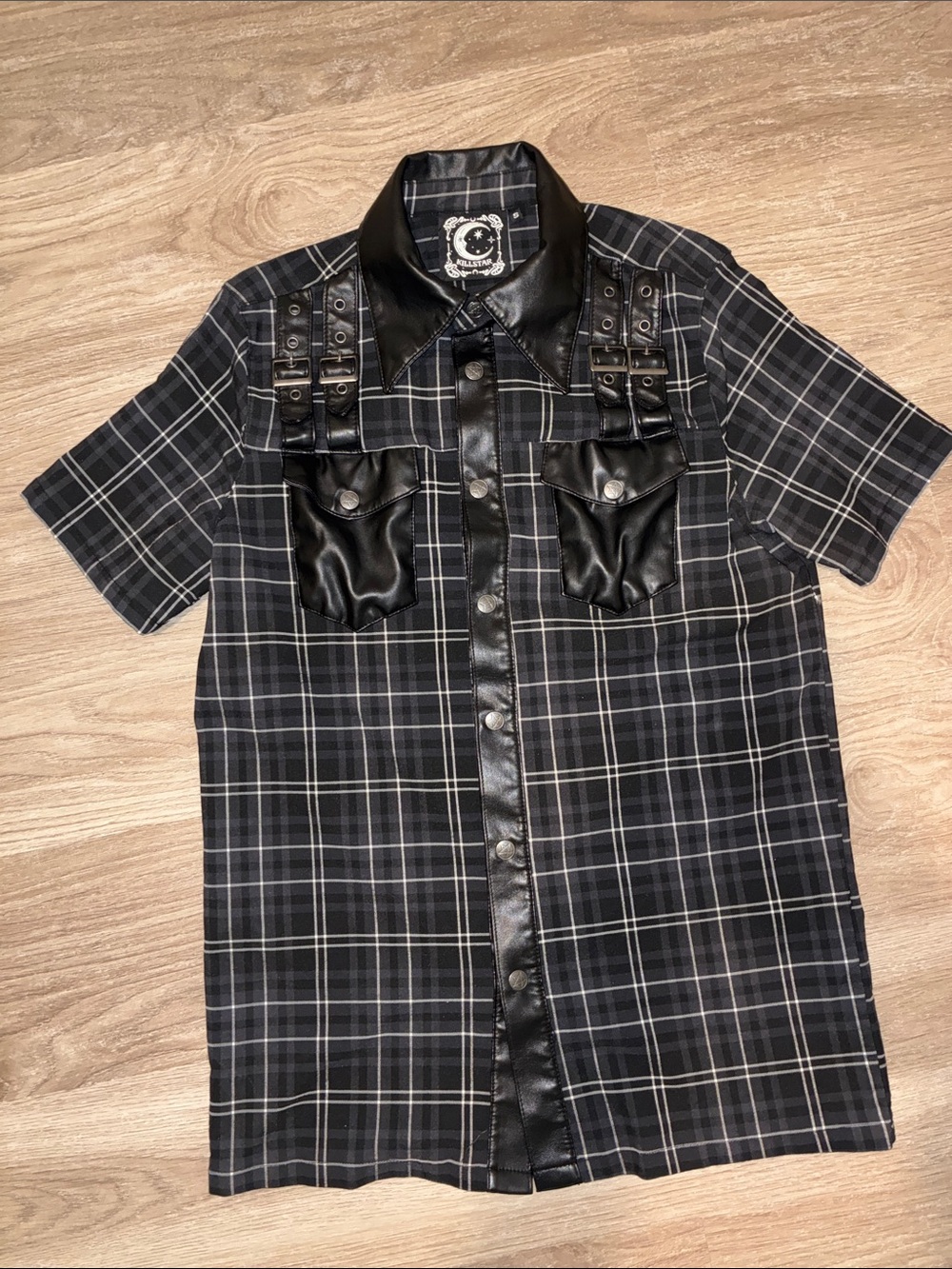 Killstar Plaid Shirt Size S Black Faux Leather Buckle Goth Alt